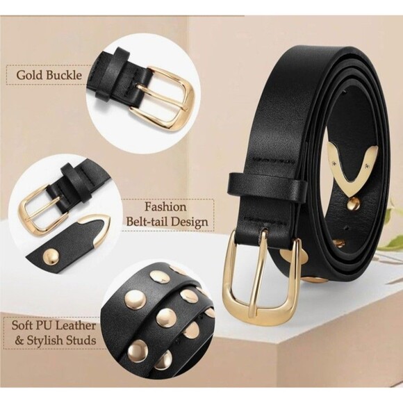 Women Faux Leather Belt Fashion Studded Belt Suit for size 21-24" Gold Black - Picture 4 of 6